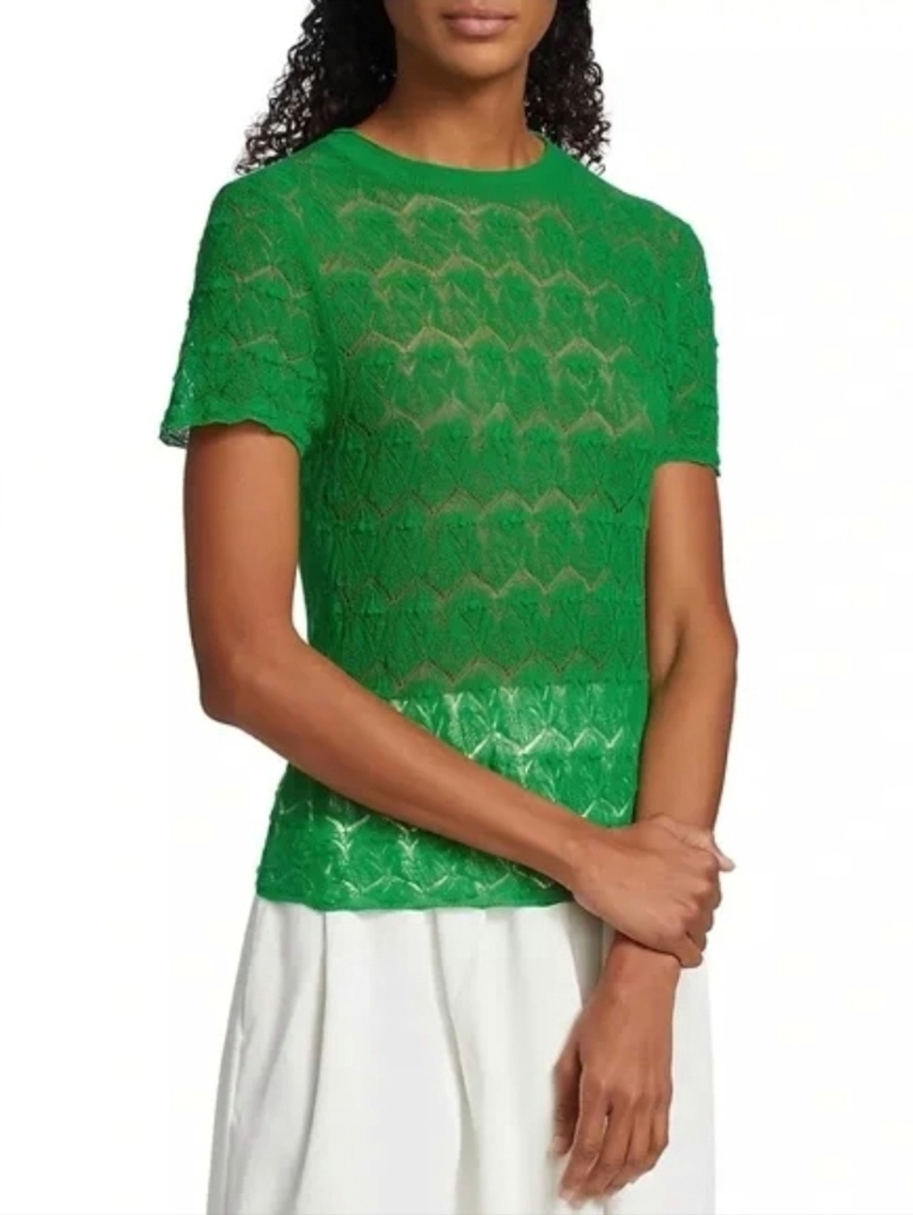 Vince Lace Sheer Sweater Green Short Sleeve Crew Neck 100% Cotton Size XXS
